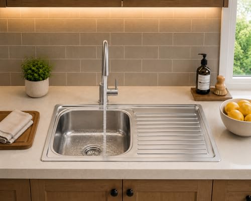 Image of Stainless Steel Kitchen Sink 45x20 Inch with Drain Board | Large Single Bowl Drainer Sink | With Waste Coupling & PVC Pipe | Heavy Duty Kitchen Sink