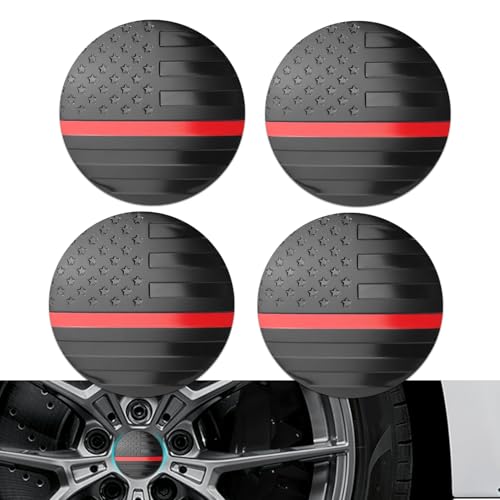 HEVLE 4PCS American Flag Car Wheel Center Caps, Wheel Center Cap Stickers, 56mm Vehicle Hub Caps Covers for Rims, Car Accessories Waterproof & Rustproof Wheel Hub Cap Decals Fit Cars (Black red)