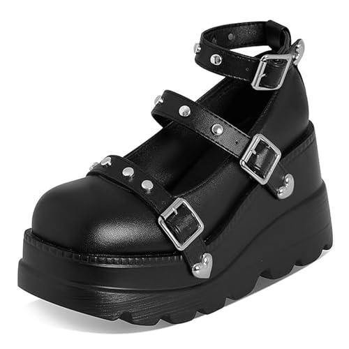 Women's Gothic Platform Mary Jane Pumps Adjustable Studded Ankle Strap Round Toe Wedge Lolita Shoes Uniform Party Dress Shoes