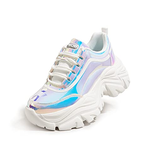 Image of K KIP WOK Chunky Sneakers for Women Fashion Platform White Leather Casual Dad Shoes Comfortable Wedge Walking Sport Sneakers