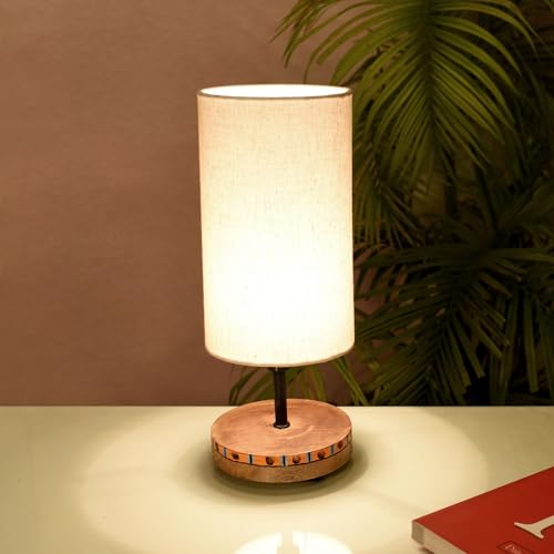 Image of AAKRITI ART CREATIONS Mango Wood Table Lamp for Study Room, Bedroom & Living Room Decoration | Modern Minimal Contemporary Bedside Lamp with Cotton Fabric Shade | Aesthetic Night Lamp