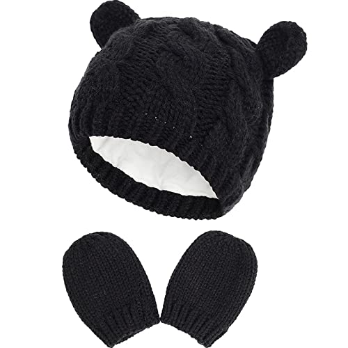 Dinghui Ensemble Bonnet et moufles d'hiver pour Nouveau-né - Bonnet tricoté Chaud pour bébés de 0 à 18 Mois, Noir, 6-18 Mois Cover