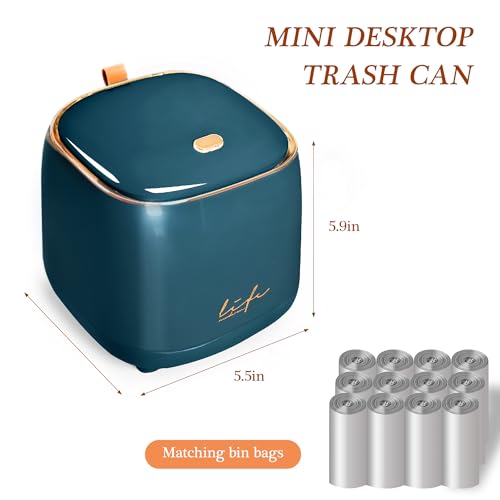 Image of Mini Countertop Trash Can with 10 Rolls of Trash Bags, Desk Tiny Trash Can | with Press Type Lid, Desktop Trash Can Applicable for Bathroom Vanity Home Office
