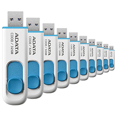 Memorias Usb, Personal Computer PSA Memoria USB 2.0 ADATA 32 GB, Kit de 10 Piezas, Color Blanco/Azul (Modelo AC008-32G-RWE), Deslizable Diseño Elegante y Minimalista, COMPUTO Y PAPELERIA