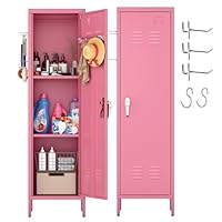 Aobabo 54\" H Pink Metal Lockers, Storage Locker Cabinet with Lockable 1 Door and Towel Rack and 2 Side Pegboards with Hooks for Home School Office, Assembly Required