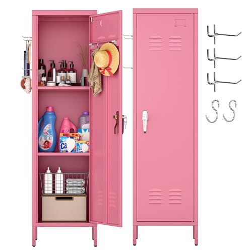 Image of Aobabo 54 inch H Pink Metal Lockers, Storage Locker Cabinet with Lockable 1 Door and Towel Rack and 2 Side Pegboards with Hooks for Home School Office, Assembly Required