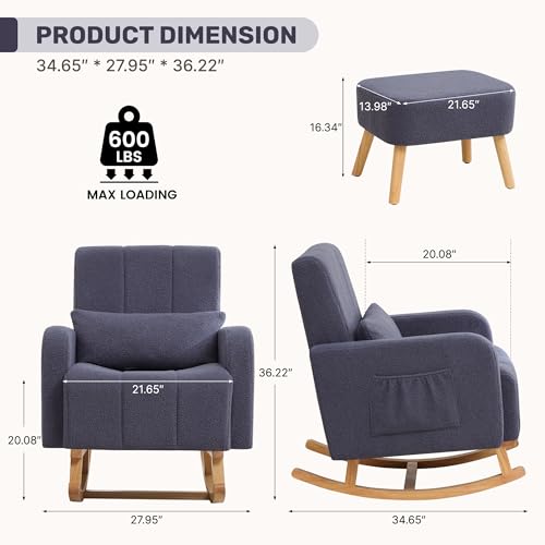 Image of HCHAIRH Rocking Chair with Ottoman, Upholstered Glider Rocker with High Backrest and Side Pocket, Comfy Reading Chair with Solid Wood Legs for Nursery, Living Room,Bedroom Dark Grey