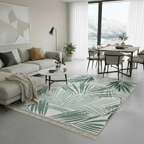 Fashion4Home Teppich Läufer - Tepiche für Wohnzimmer, Schlafzimmer, Küche, Kinderzimmer, Badezimmer - Boho Kelim - Läufer Flur, Palm-Grün-Weiß, Größe: 140x200 cm