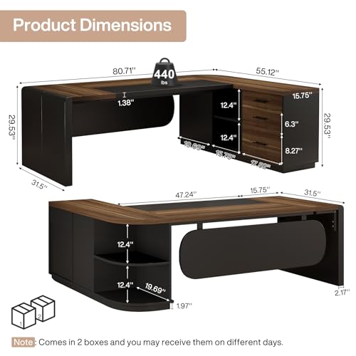 Image of Tribesigns 80'' L-Shaped Desk, Large Executive Office Desk with 55'' Drawers Cabinet, Modern Commercial Office Table with Storage Shelves, Business Furniture for Home Office, Brown & Black