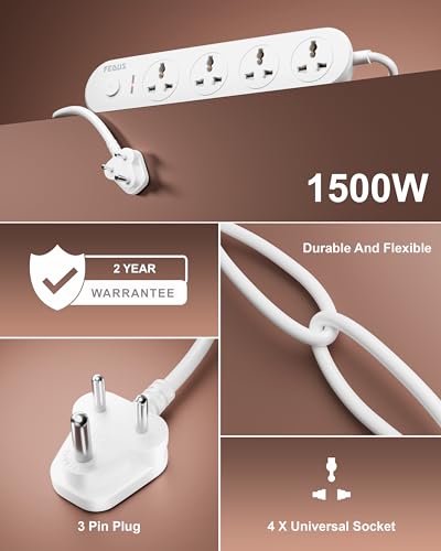 Image of FEDUS Surge Protector, 4 Universal Sockets with Individual Switch, 32 Feet 10 Meter Long Cable, Extension Board Cord, Automatic Overload Protection, Fireproof Power Strip Switch Board, Spike Guard