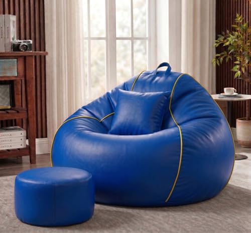Image of Sattva Piping 4XL Sofa Style Bean Bag with Beans Filled | Faux Leather Bin Bags Sofa Combo + Footstool & Cushion | Filled Beanbags for Adults & Teens | Beans Bag with Beans - Royal Blue /Yellow Piping