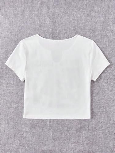Image of OYOANGLE Girl's Graphic Print Notched Neck Short Sleeve T Shirt Slim Fit Cropped Tees