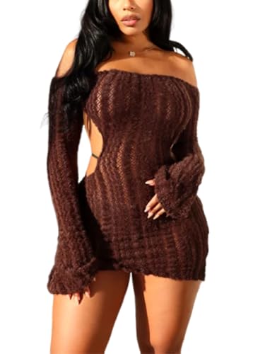 Amazon.com: Sexy Off Shoulder Fuzzy Y2K MIni Dress for Women