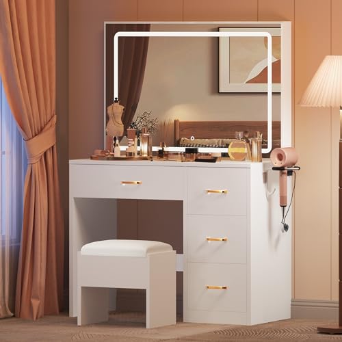 YITAHOME Coiffeuse avec éclairage LED réglable et Prises, Coiffeuse avec 4 tiroirs et Tabouret, Blanche (Table de Maquillage, Table de Maquillage, Vanity Table)