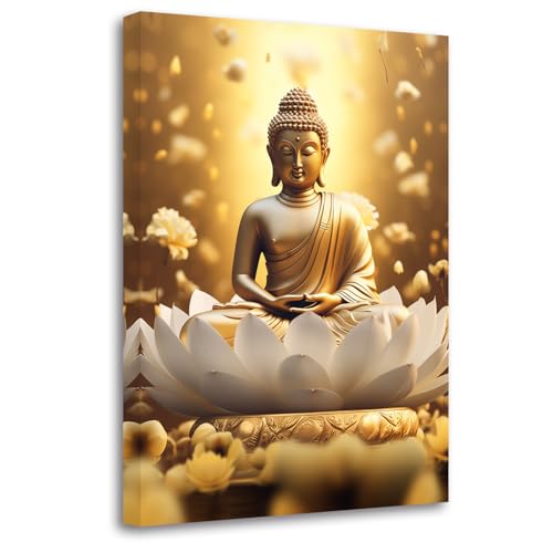 LZIMU Gold Buddha Painting Zen Canvas Wall Art Buddha Statue Lotus Picture Spiritual Prints Spa Artwork for Yoga Meditation Buddhist Prayer Room(Picture-2
