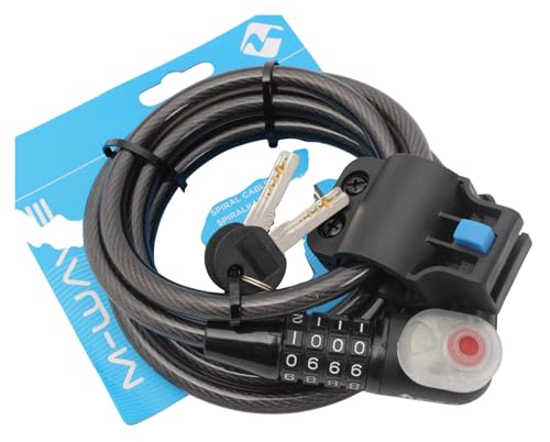 PRISM - Candado de cable en espiral Light – 1,8 m – Cable de acero de 10 mm – Llave y código de 4 dígitos – Luz LED – Soporte de clip – Negro