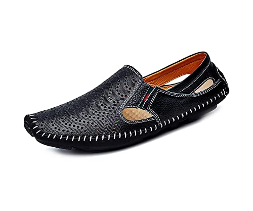 Mocasín Conducción de Cuero sin Cordones Perforado para Hombre Zapatos Barco Caminar Cómodos y Transpirables Zapatillas Planas al Aire Libre（Negro,44/45 EU,45 Tallas de la Marca