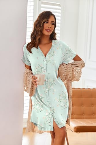 Image of Ekouaer 3 Pack Women's Nightshirt Button Down Nightgown Short Sleeve Sleepshirt V Neck Pajama Dress with Pockets