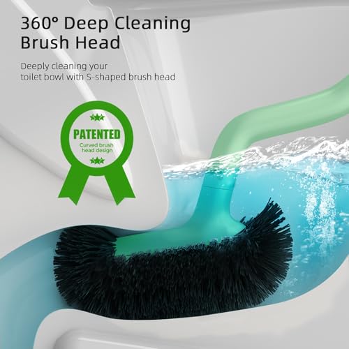 Image of HAMITOR Toilet Bowl Brush Holder Set: Bathroom Deep Cleaning Toilet Cleaner Scrubber Under Rim with Curved Bristle for Dead Corner Clean - Hidden Rv Toilet Decorative Accessories with Caddy- Green