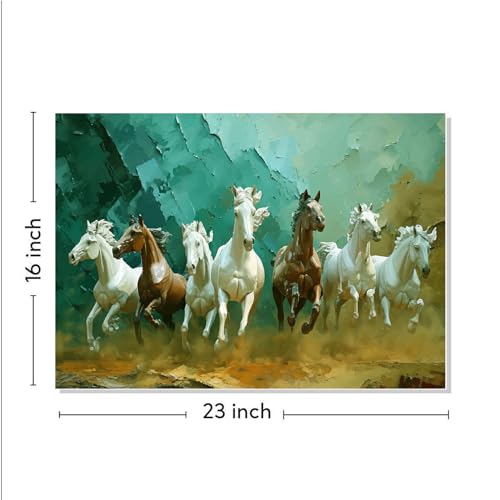 Image of RANGOLI Seven Horses Wall Painting | Vastu-Approved Canvas Art for Home and Office |3D Painting for Living Room, Study, and Bedroom (16 x 23 Inches with Frame) (green)