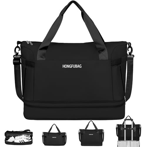 Travel Duffel Bag, Gym Bag for Women with Shoe Compartment, Expandable Weekender Bags for Women, Workout Overnight Carry on Duffle Bag for Travel, Black
