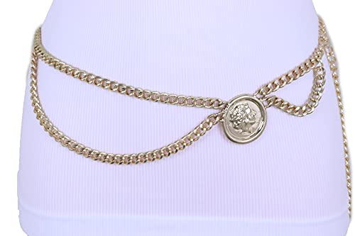 TFJ Women Fashion Skinny Belt Hip High Waist Gold Metal Chain Big Coin Medallion Charm Wave M L XL2