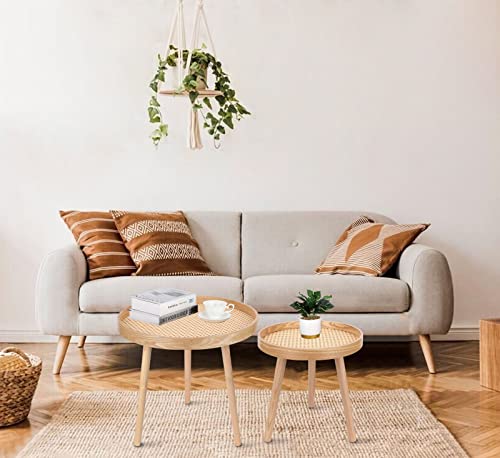 Round Coffee Table Set Of 2, Natural Boho Coffee Table, Small Mid Century Modern Rattan Coffee Table, Boho Side Table End Tables For Living Room Bedroom Office Balcony #TOP4