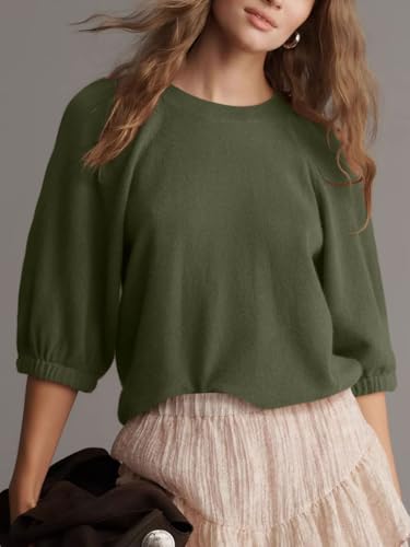 Image of UNCLECAT Women's Puff Short Sleeve Sweater Summer Lightweight Knit Tops Crew Neck Casual Cropped Sweaters