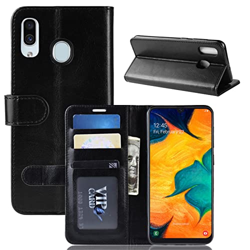 Funda Movil para Samsung A20 A205F Carcasa Cuero PU Silicona Magnetic Wallet Protector Teléfono Flip Cover For Samsung Galaxy A30 Tapa con Soporte (Negro)