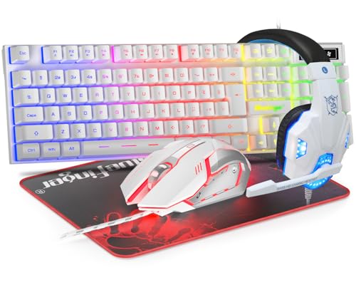 BlueFinger RGB Gaming Keyboard and Backlit Mouse and Headset Combo, USB Wired Backlit Keyboard, LED Gaming Mouse Set, Headset with Microphone for Laptop PC Computer Game and Work, White