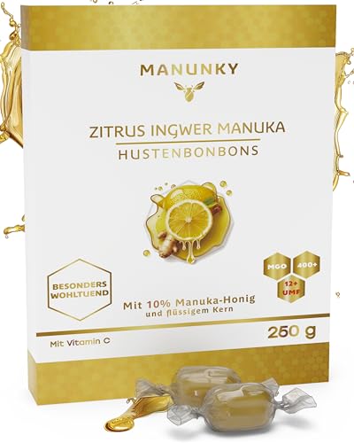 Manunky Hustenbonbons mit 10% Manukahonig MG400+ aus Neuseeland (250g) - Wohltuende Manuka Honig Bonbons mit Vitamin C Zitrone & Ingwer Geschmack