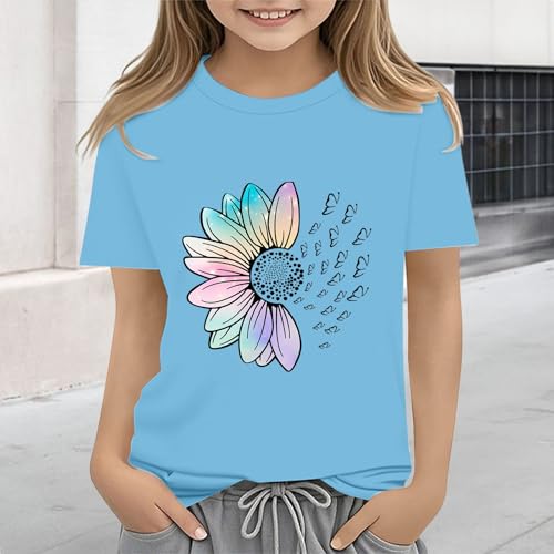Girls Loose Fit Sunflower Graphic T Shirts Short Sleeve Crewneck Cute Pattern Printed Tops Kids (A-Sky Blue, 6-7 Years)4
