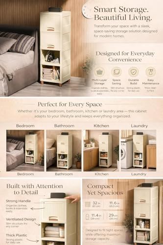 Image of Multi-Purpose Modular Storage Cabinet with Foldable Compartments, Stackable Organizer Box with Doors & Raised Legs for Clothes, Books, Kitchen Supplies, Bedroom and Living Room (4 Layer)