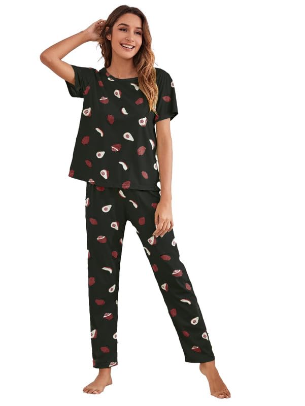 SMOWKLYPrinted Round Neck Short Sleeve Night Suit Set for Women – Soft Pajama Set | Comfortable Cotton Blend Night Dress & Sleepwear | Pyjama Set | Cord Set for Women's
