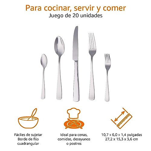 Miniatura 2 de Amazon Basics Juego De Cubertería De Acero Inoxidable De 20 Unidad Con Borde Cuadrado, Servicio Para 4, Plateado