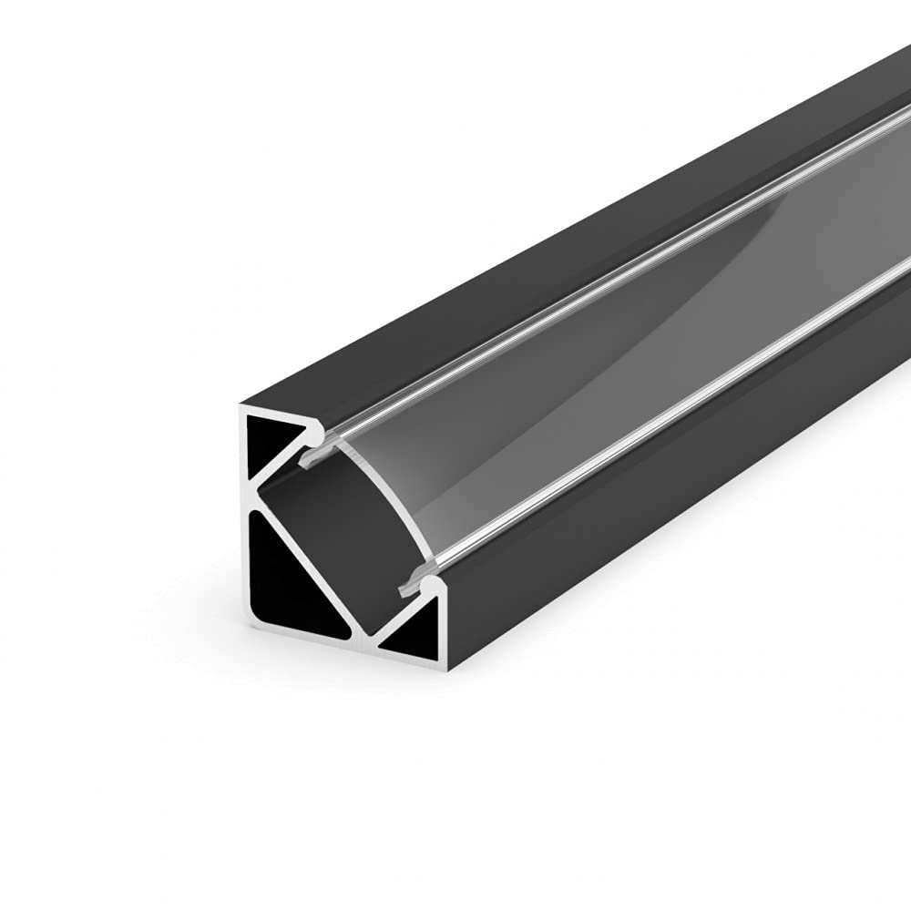 E3 Black Painted 1m Corner LED Aluminium Extrusion with Diffuser - Transparent, end caps
