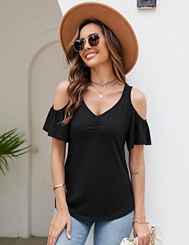 Micoson Cold Shoulder Tops for Women Summer Short Sleeve Shirts Ladies Floral Ruched Blouse Classic Cute V Neck Tunic4