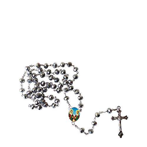 Saints Cosmas and Damian Patrons of Pharmacy and Medicine Metallic Silver Luster Quartz Faceted Round Beads Rosary with Silver Plated Medal Centerpiece and Crucifix Includes a Prayer Card