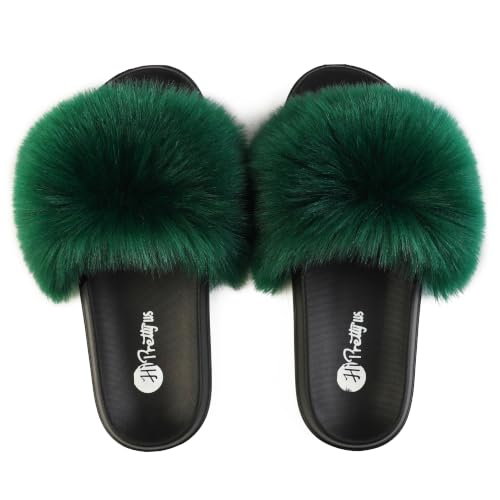 Image of Women's Faux Fur Slides, Open Toe Cute Fur Slippers, Indoor or Outdoor Comfortable Furry Slide Sandals With Fluffy Fur