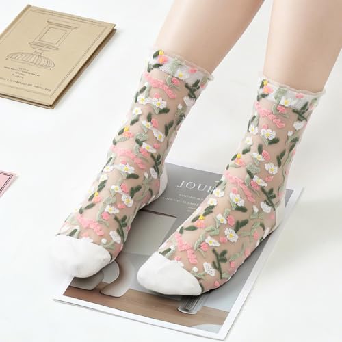 Image of DXYAKY 5 Pairs Sheer Floral Socks for Women, Lightweight Mesh Ankle Lace Socks, Breathable Summer Cute Transparent Stockings
