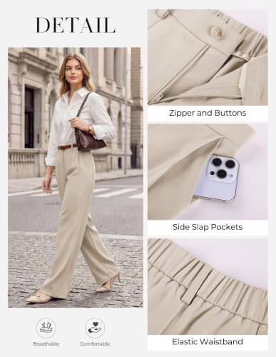 GRACE KARIN Cream Pants for Women Petite Wide Leg Pants Slacks High Waisted Button Pleated Business Trousers 2XL — view 4