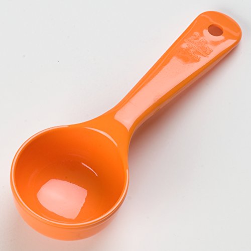 Image of Carlisle FoodService Products 7.10 inch 2.5 Ounce Solid Portion Control Spoon - Flat Bottom - Short Handle, Orange
