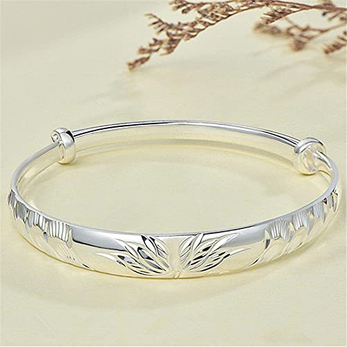 BVFRA Bracelet Jonc Argent Femme,Bracelets D'Amitié Plaqués Argent Sculpté Fleurs Épanouies Réglable Manchette Bracelet Chanceux Bijoux De Mode Cadeau pour Les Femmes Maman Petite Amie