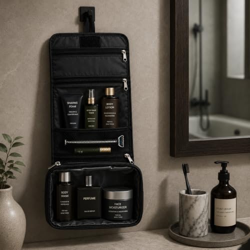 Image of Multifunctional Waterproof Shaving Kit Bag - Travel Cosmetic & Toiletry Organizer Pouch for Men and Women | Compact Medicine & Grooming Storage Case (Black)