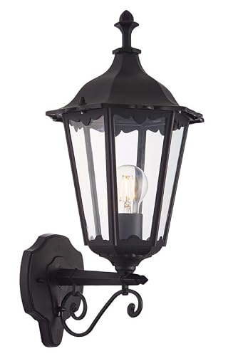 Image of National Lighting Bowie E27 GLS Outdoor Wall Lantern 60W - Dimmable Matt Black Wall Light with Clear Glass Panels - Die Cast Aluminium Fixture for LED or Halogen Bulbs, IP44 Rated Exterior Lights