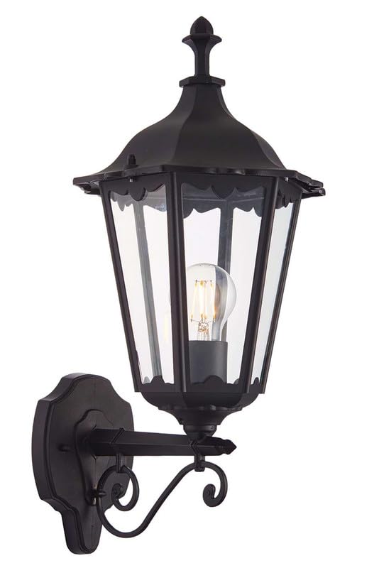 National Lighting Bowie E27 GLS Outdoor Wall Lantern 60W - Dimmable Matt Black Wall Light with Clear Glass Panels - Die Cast Aluminium Fixture for LED or Halogen Bulbs, IP44 Rated Exterior Lights