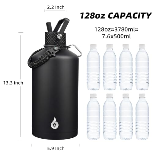 Image of BJPKPK 1 Gallon Water Bottle with Straw Lid, 128oz Large, Stainless Steel Water Bottles with 3 Lids and Paracord Strap, Double Wall Vacuum Metal Water Jug, Black