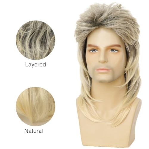 Image of Swiking Mens Mullet Wig Blonde and Dark Foot Retro 70s 80s Disco Rocker Curly Punk Fancy Party Halloween Cosplay Costume Full Wigs (Black and Blonde)