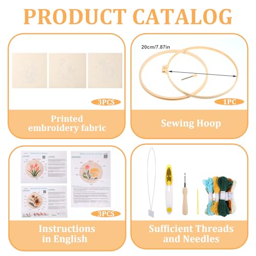 Image of 3 Pcs Punch Needle Kits, 7.87 Inch Flower Punch Needle Kit Sunflowers and Tulips Needles Punching kit with Hoop, Instruction, Fabric, Sewing Needles, Yarns, Scissors for Adult, Beginner, Children