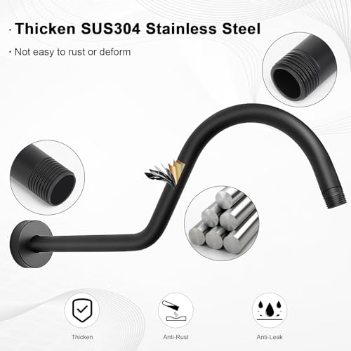 HarJue S Shaped Shower Arm, High Rise Shower Head Extension Pipe Standard 1/2" Connection with Flange, Awesome Shower Experience-Stainless Steel Bathroom Accessory(16 Inch J-S Shape, Matte Black) by HarJue - Used condition - Image 4
